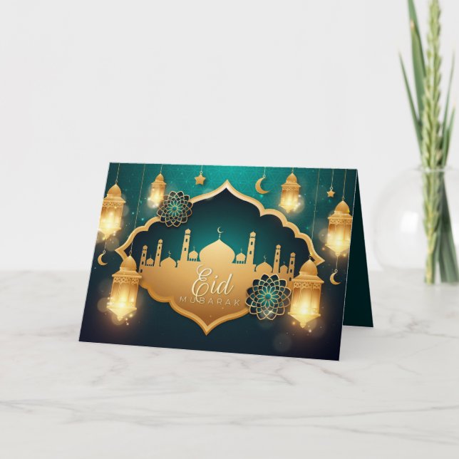 Tarjeta Festiva Estrella islámica de la linterna del Oro Feliz Eid (Anverso)