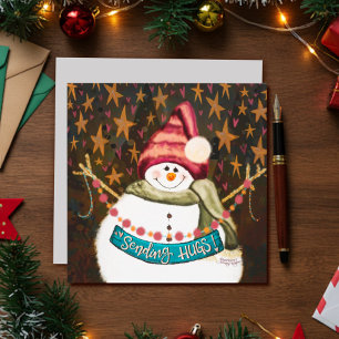 Tarjeta Festiva Estrellas Abrazos Diversión Muñeco de Nieve Navida