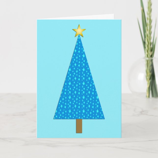 Tarjeta Festiva Estrellas azules, árbol navideño moderno (Anverso)