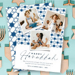Tarjeta Festiva Estrellas Azules De La Marina Geométrica De La Fot<br><div class="desc">Esta moderna tarjeta Hanukkah presenta 3 collage instantáneo de fotos sobre un patrón de fondo de estrellas geométricas. El saludo es una tipografía de mezcla de un guión moderno de escritura a mano y un texto sans serif simple. El saludo y el fondo "Happy Hanukkah" se pueden cambiar a cualquier...</div>