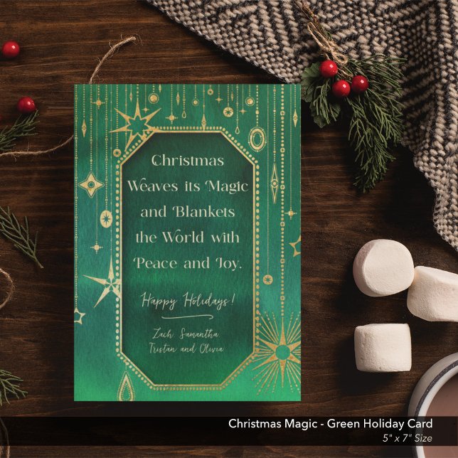 Tarjeta Festiva Estrellas de Navidades festivos: foto verde y dora (Christmas Magic Green Gold Stars Holiday Card)