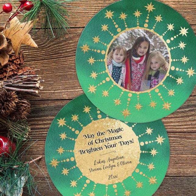 Tarjeta Festiva Estrellas de Navidades festivos: verde y oro (Christmas Magic Green and Gold Photo Holiday Card)