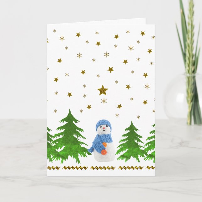 Tarjeta Festiva Estrellas de oro espumoso, hombre de nieve y árbol (Anverso)