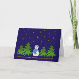 Tarjeta Festiva Estrellas de oro espumoso, hombre de nieve y árbol