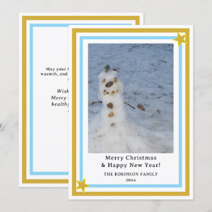 Tarjeta Festiva Estrellas Doradas Azules Hombre de Nieve Pequeño I