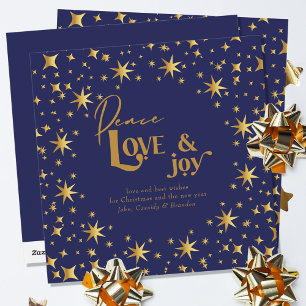 Tarjeta Festiva Estrellas Doradas Paz Amor y Alegría Simple Elegan