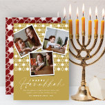 Tarjeta Festiva Estrellas Geométricas De David Gold Hanukkah 3 Fot<br><div class="desc">Esta moderna tarjeta Hanukkah presenta 3 collage instantáneo de fotos sobre un patrón de fondo de estrellas geométricas. El saludo es una tipografía de mezcla de un guión moderno de escritura a mano y un texto sans serif simple. El saludo y el fondo "Happy Hanukkah" se pueden cambiar a cualquier...</div>