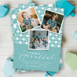 Tarjeta Festiva Estrellas Geométricas De David Sky Blue Hanukkah 3<br><div class="desc">Esta moderna tarjeta Hanukkah presenta 3 collage instantáneo de fotos sobre un patrón de fondo de estrellas geométricas. El saludo es una tipografía de mezcla de un guión moderno de escritura a mano y un texto sans serif simple. El saludo y el fondo "Happy Hanukkah" se pueden cambiar a cualquier...</div>