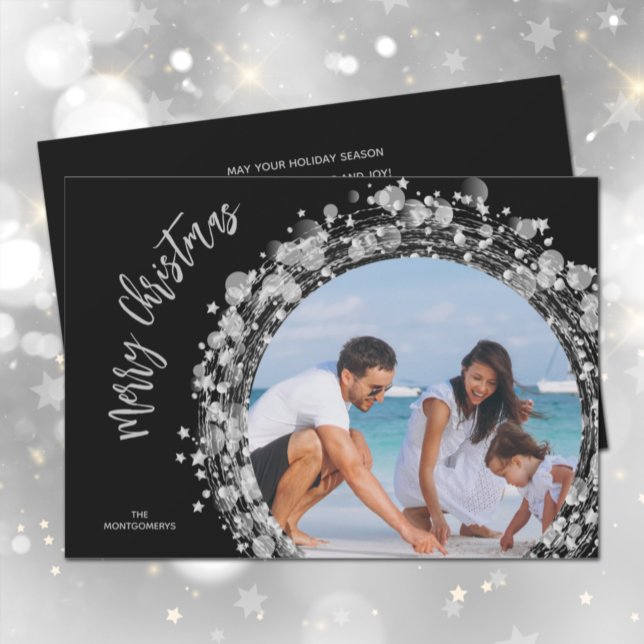 Tarjeta Festiva Estrellas plateadas sobre la foto navideña del mor (Subido por el creador)