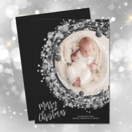 Tarjeta Festiva Estrellas plateadas Wreath Merry Christmas Photo