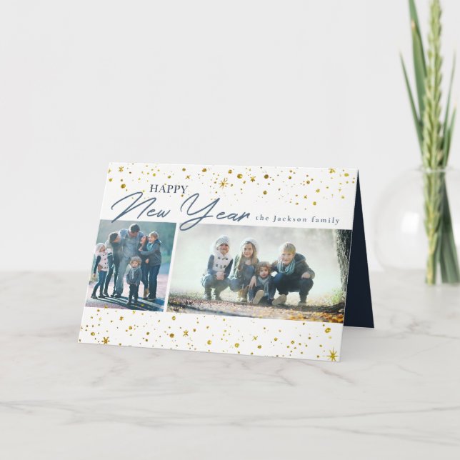 Tarjeta Festiva Estrellas y puntos de oro moderno saludo de Año Nu (Anverso)