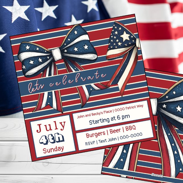 Tarjeta Festiva Estrellas y rayas con vacas patrióticas finas el 4 (Bows and stars and stripes July 4 customizable party invitation )