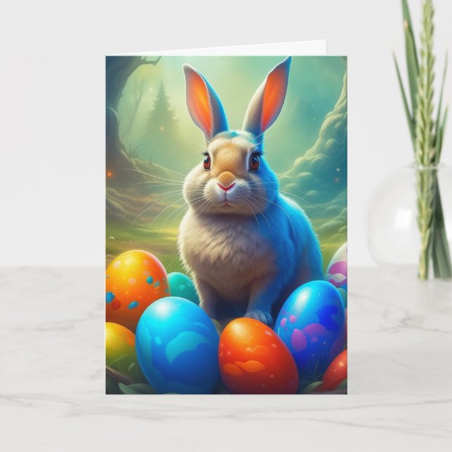 Tarjeta Festiva Ethereal Bunny de Pascua con bosque de huevos (Anverso)