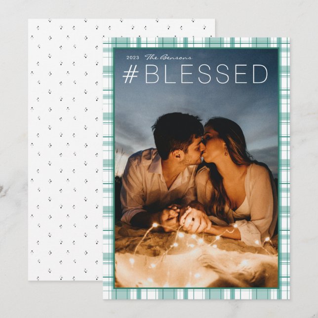 Tarjeta Festiva Etiqueta #BLESSED vertical turquesa trenzada (Anverso / Reverso)