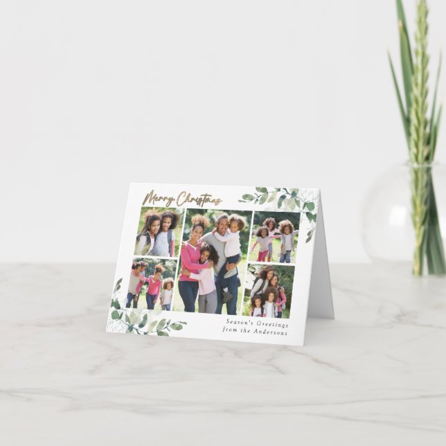 Tarjeta Festiva Eucalyptus Photo Relieve metalizado dorado Feliz N (Anverso)