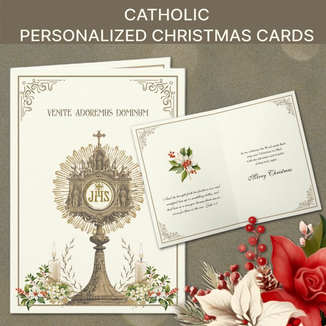Tarjeta Festiva Eucharist Poinsettia Floral Navidades católicos (Traditional Catholic Religious Christmas Cards with Eucharist and Poinsettias)