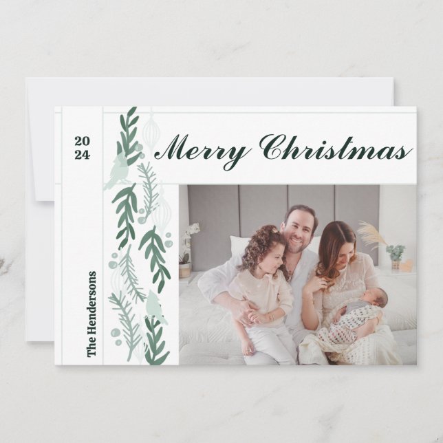 Tarjeta Festiva Evergreen Berry Garland Modern One Photo Navidades (Anverso)