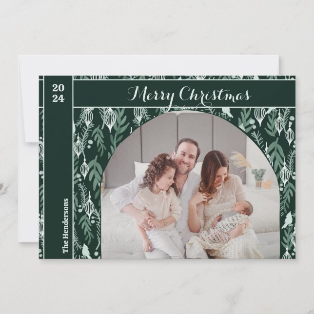 Tarjeta Festiva Evergreen Ribbon Modern One Photo Navidades (Anverso)