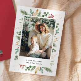 Tarjeta Festiva Evergreens acuarela, Oro verde, foto única