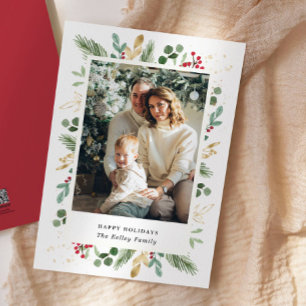 Tarjeta Festiva Evergreens acuarela, Oro verde, foto única