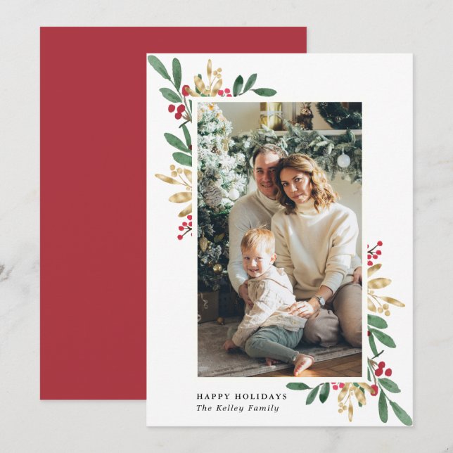 Tarjeta Festiva Evergreens acuarela, verde y dorado, foto grande (Anverso / Reverso)