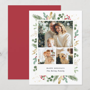 Tarjeta Festiva Evergreens acuarela, verde y dorado, tres fotos