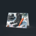Tarjeta Festiva Evidencia de los Navidades Snowman<br><div class="desc">Esta caprichosa tarjeta de vacaciones muestra evidencia del hombre de nieve. Tal vez fue atrapado en una tormenta de nieve o justo de camino a una fiesta de vacaciones. Esta carta tiene su sombrero de cabeza,  botas y nariz de zanahoria. Un poco de humor para las vacaciones.</div>