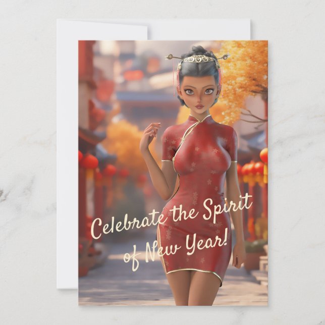 Tarjeta Festiva Exótico Chica de armas para celebrar Año Nuevo chi (Anverso)