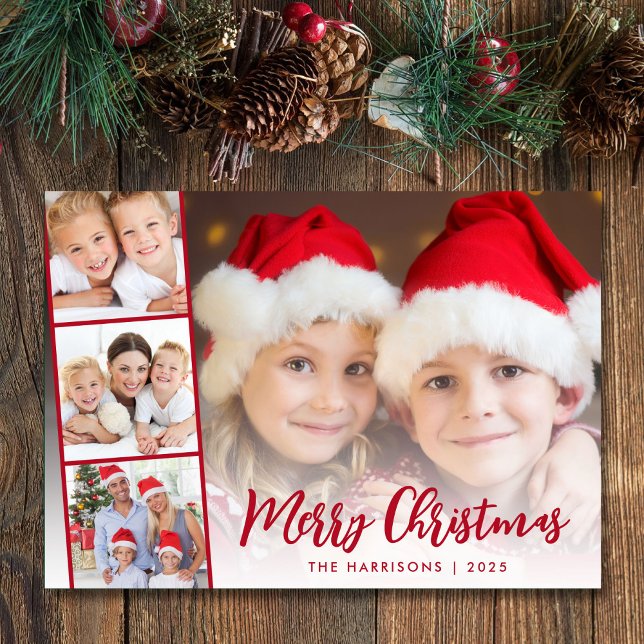Tarjeta Festiva Exposición de la foto del guión rojo de Feliz Navi (This holiday season, let your family's smiles and heartwarming memories shine on our 4 photo card)