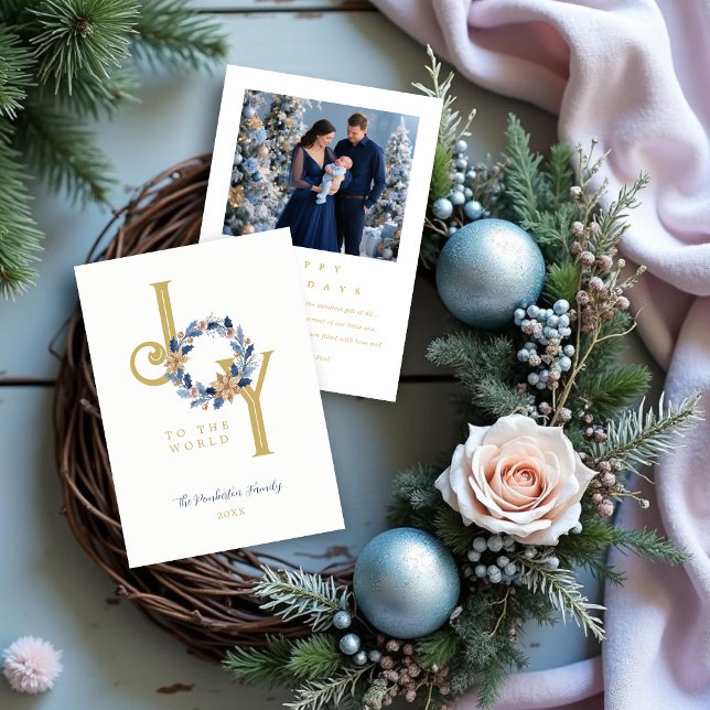 Tarjeta Festiva Exquisite Blue Tones & Faux Gold Christmas Wreath (Exquisite Blue Tones and Faux Gold Christmas Wreath Holiday Cards with Back Photo.)