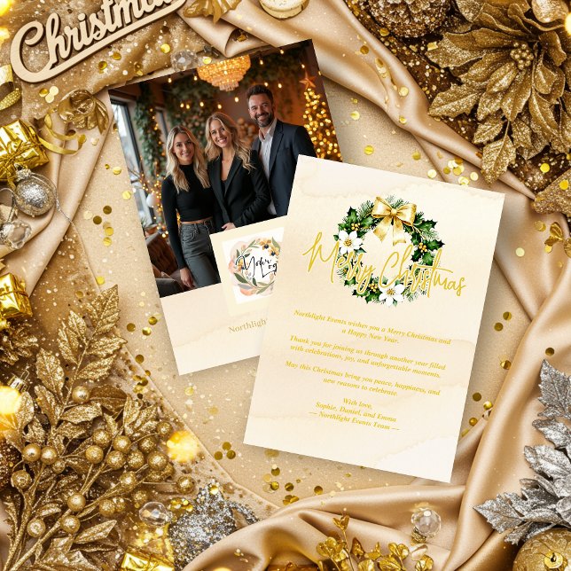 Tarjeta Festiva Exquisite Christmas Gold Tones Wreath Corporate (Exquisite Christmas Faux Gold Tones Wreath for Corporate Holiday Cards & Back Corporate Logo & Photo)