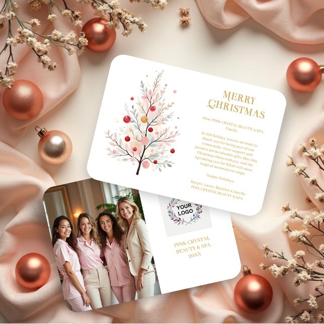 Tarjeta Festiva Exquisite Christmas Tree In Pink Shades Business (Delicate Exquisite Christmas Tree In Pink Shades for Business Holiday Cards with Back Photo. )
