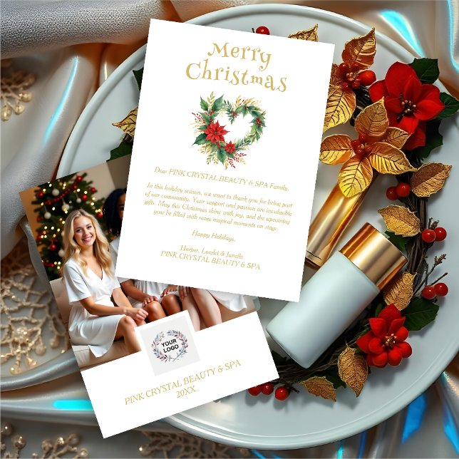 Tarjeta Festiva Exquisite Christmas Wreath Heart-Shape Floral  (Exquisite Christmas Wreath Heart-Shape Floral Red & Gold Photo Business Holidays Cards.)