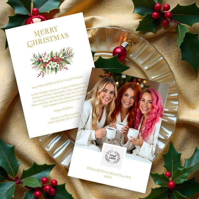Tarjeta Festiva Exquisite Christmas Wreath Red & Gold Photo (Exquisite Christmas Wreath Floral Red & Gold Photo Business Holidays Cards.)