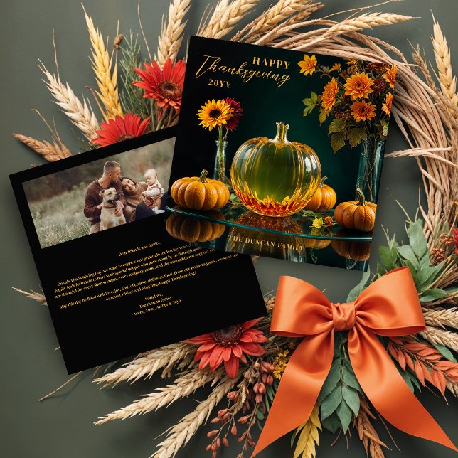 Tarjeta Festiva Exquisite Thanksgiving Amber Glass Pumpkin Autumn (Exquisite Thanksgiving Amber Glass Pumpkin and Autumn Leaves & Flowers Holidays Cards.)