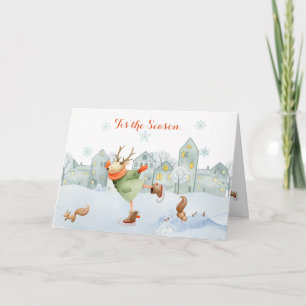 Tarjeta Festiva Exquisitos renos de patinaje ardillas escenas de i