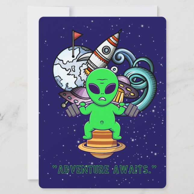 TARJETA FESTIVA EXTALTERRESTRE, UNIVERSO, NAVE ESPACIAL, PLANETA Y (Anverso)