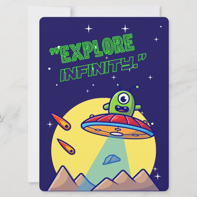 TARJETA FESTIVA EXTALTERRESTRE, UNIVERSO, NAVE ESPACIAL, PLANETA Y (Anverso)