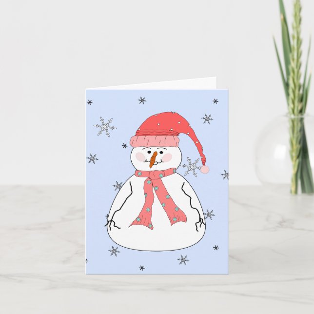 Tarjeta Festiva Extraña a Snowman nevando arte caprichoso y primit (Anverso)