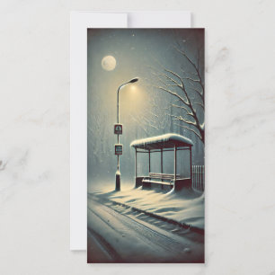 Tarjeta Festiva Extraña parada de autobús urbano oscuro Snowy Wino