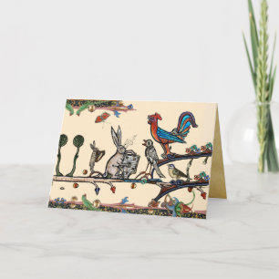 Tarjeta Festiva EXTRAÑO BESTIARIO MEDIEVAL DE MÚSICA, Conejo, Aves