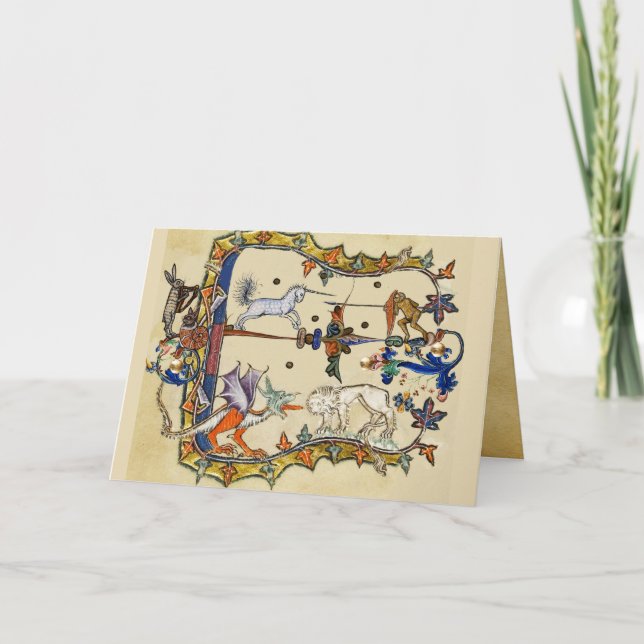TARJETA FESTIVA EXTRAÑO BESTIARIO MEDIEVAL, MONO DE LUCHA UNICORN (Anverso)