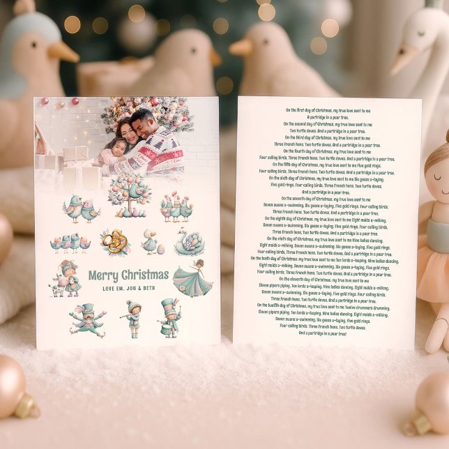 Tarjeta Festiva Extraordinaria foto de 12 días de letras de Navida (Front and back view)