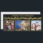 Tarjeta Festiva Extravagante políticamente correcto 3 foto negro y<br><div class="desc">Esta divertida tarjeta de vacaciones políticamente correcta cubre todas las bases. El saludo dice "¡Deseándote una Fabulosa ChristmaSolsticHanukKwanzaa!" - mezclando las palabras Navidades Solstice, Hanukkah y Kwanzaa en una palabra larga. El texto está escrito con un caprichoso tipo de letra dorada con un fondo negro, y hay espacio para subir...</div>