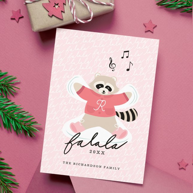 Tarjeta Festiva Fa La Fun Cute Woodland Raccoon (Fa La La Cute Woodland Raccoon Snow Angel Holiday Card)