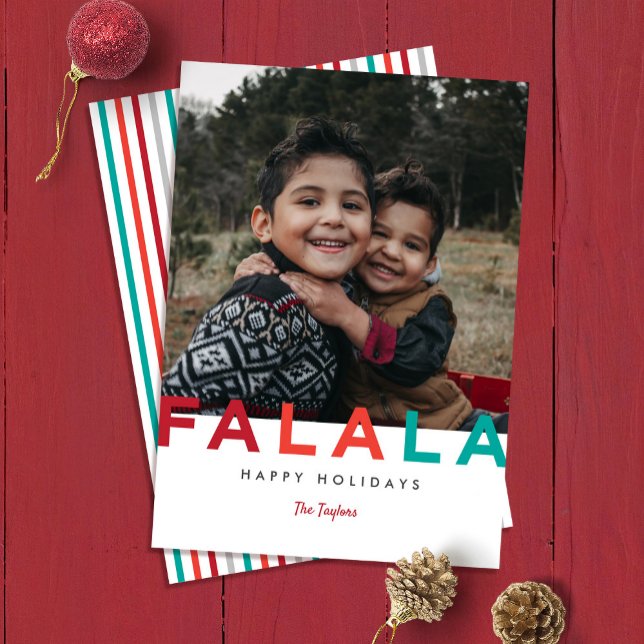 Tarjeta Festiva Fa La La Colorido Moderno Atrevido Foto  (Fa la la happy holidays colorful stripes one photo Christmas card)