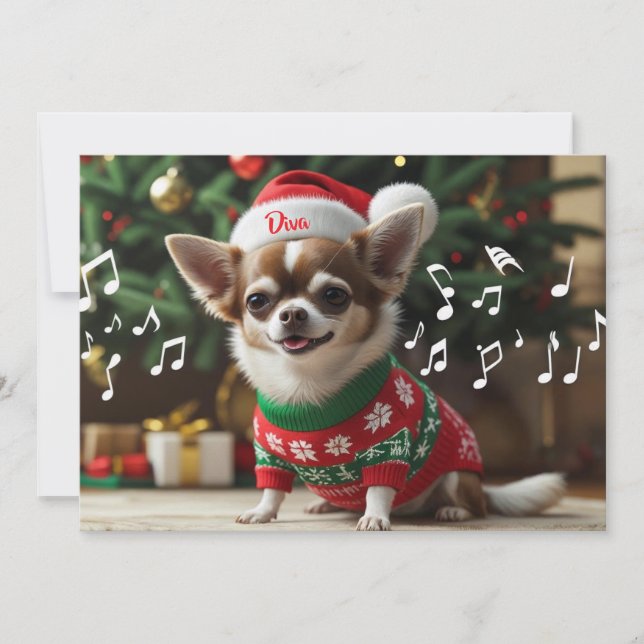 Tarjeta Festiva Fa La La Singing Chihuahua Personalizada (Anverso)