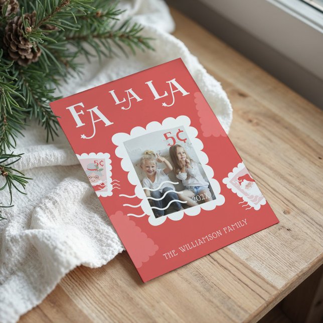 Tarjeta Festiva Fa La Santa Claus Navidades foto de sello de rehen (Fa La La Santa Claus Christmas Postage Stamp Photo Holiday Card)