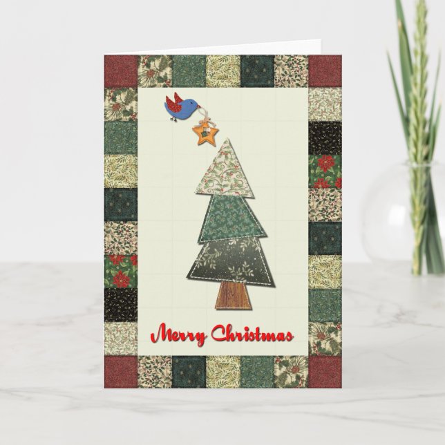 Tarjeta Festiva Fabric Christmas Tree and Bird Holiday Card (Anverso)