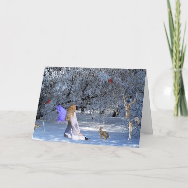 Tarjeta Festiva Faerie del solsticio de invierno con los animales (Anverso)